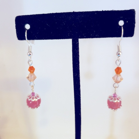 💥$8 Each or 3/$15💥Handmade Sterling Silver 1 1/4” Orange & Pink Beaded Earrings - Picture 2 of 4